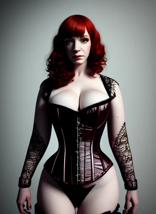 Image similar to symmetrical!! highly detailed upper body photograph of christina hendricks wearing a corset, looking at the camera!! shiny skin, zeiss lens, canon eos, unreal engine, redshift, octane render, global illumination, radiant light, detailed and intricate