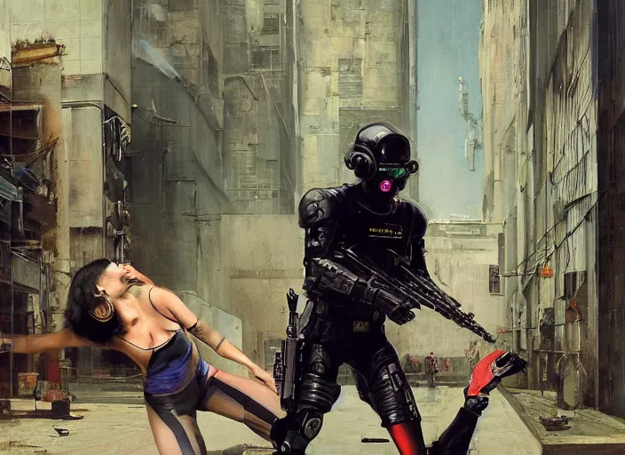 Prompt: Sara evades sgt Griggs. Athletic Cyberpunk hacker escaping Menacing Cyberpunk police trooper griggs. (dystopian, police state, Cyberpunk 2077, bladerunner 2049). Iranian orientalist portrait by john william waterhouse and Edwin Longsden Long and Theodore Ralli and Nasreddine Dinet, oil on canvas. Cinematic, vivid colors, hyper realism, realistic proportions, dramatic lighting, high detail 4k