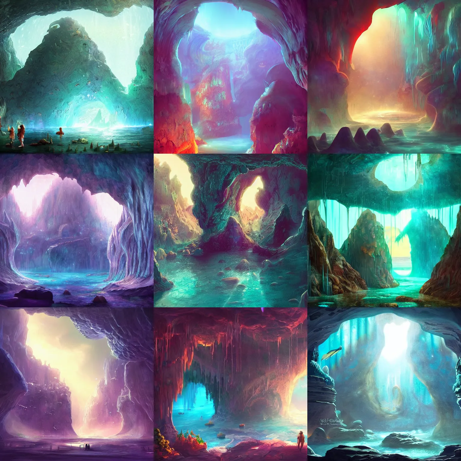 Prompt: magical cave, atlantis the lost empire, digital art, atmosphere, whimsical, vibrant
