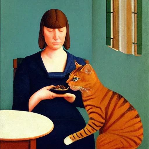 Image similar to a boring woman and her cat sharing a meal by Raphael, Hopper, and Rene Magritte. detailed, romantic, enchanting, trending on artstation.