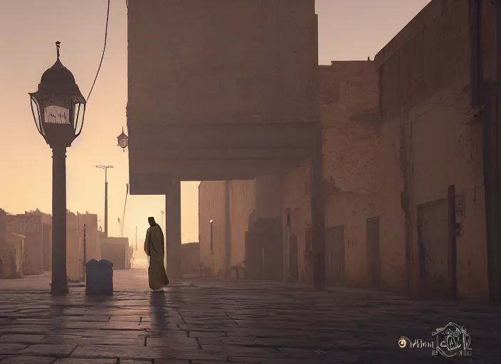 Prompt: old jeddah city alley, roshan, old shops, horse, magical time gate to another dimension, a man wearing a white robe standing watching over, dramatic lighting, dawn, by caspar david friedrich, unreal engine 5