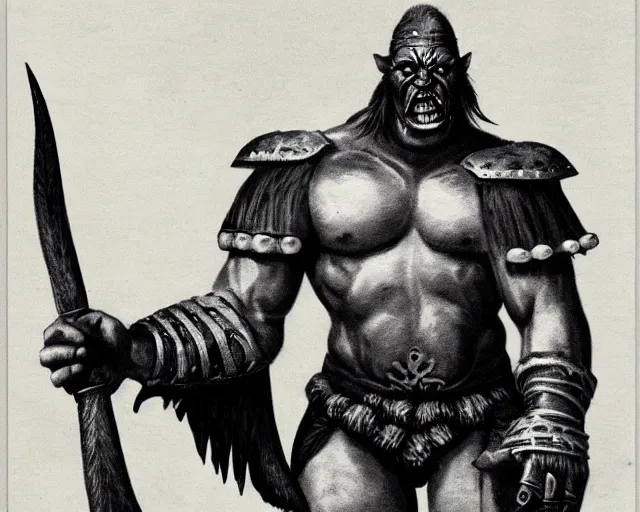 Prompt: vintage photograph of a real fantasy orc chieftain, tall, muscular, sharp fangs and tusks, big arms, big hands, big feet, armored, tribal paint, highly detailed