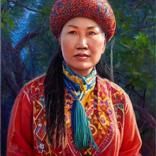Prompt: portrait of an kyrgyzstani woman ( 3 5 ) from kyrgyzstan in 2 0 2 1, an oil painting by ross tran and thomas kincade