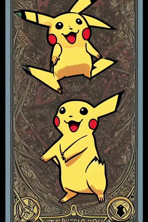 Image similar to Pikachu tarot card, art nouveau style, ornate borders, intricate details, trending on artstation