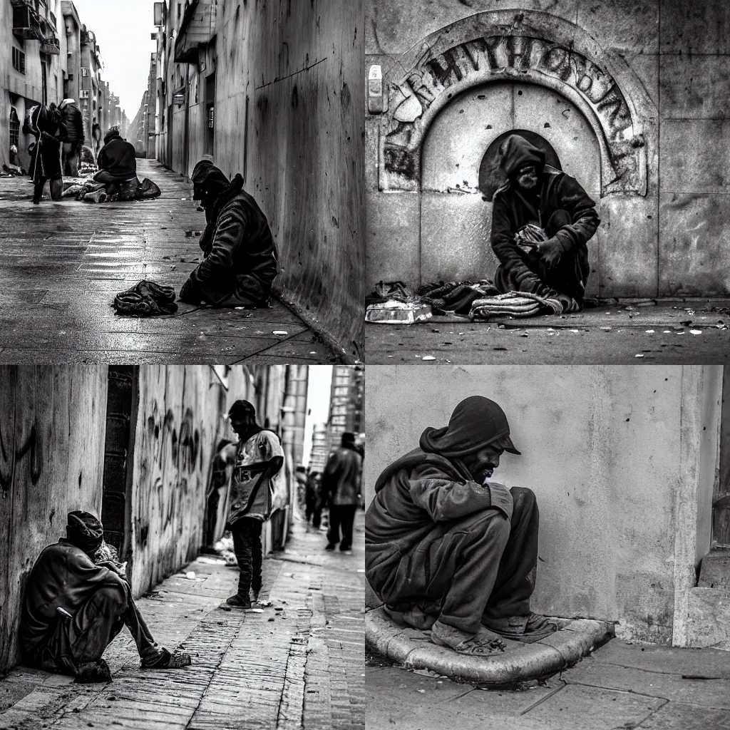 Prompt: The city looked bleak - homeless people everywhere begging, swindling, doing what they could to get by. Some were living in the sewers (adults & children, many orphans). They would pop out of manholes & casually sniff some glue out of a bag 4k wide angle