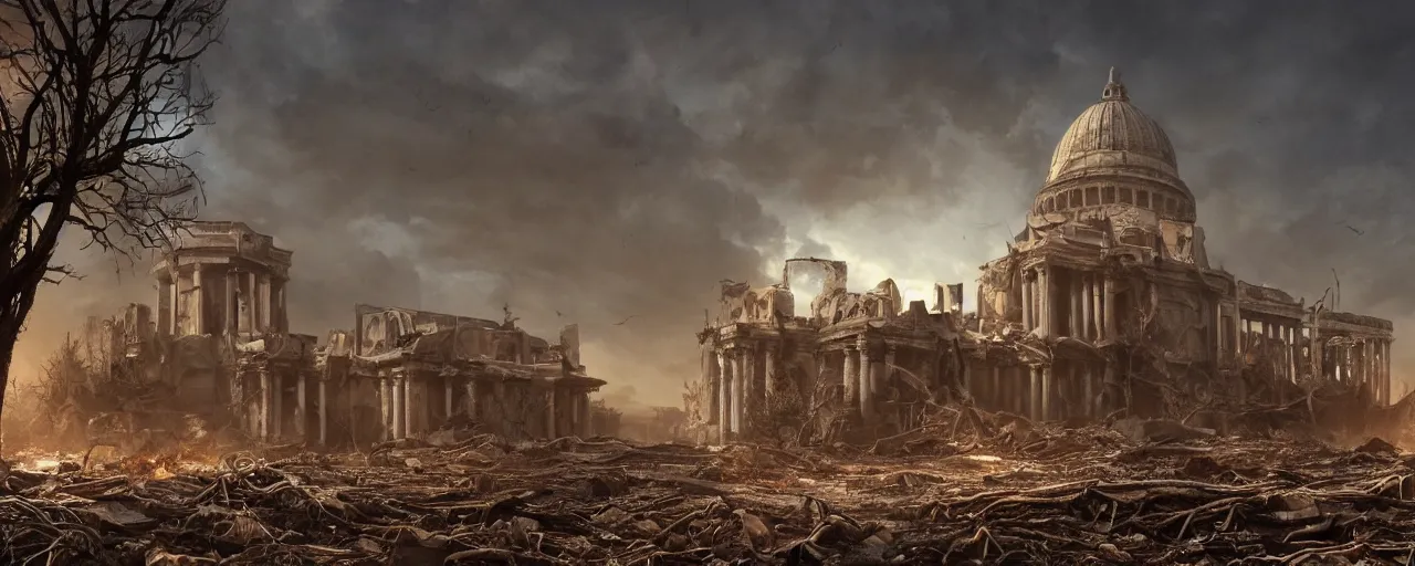 Prompt: A beautiful hyper realistic detailed matte painting of the destroyed Capitolium after nuclear bomb::post-apocalyptic landscape at early sunrise::a lot of debris and burned bushes and trees::by John Howe and Andreas Rocha and Martin Johnson Heade and Albert Bierstadt, Fallout style::unreal engine, trending on artstation, golden ratio, rectilinear