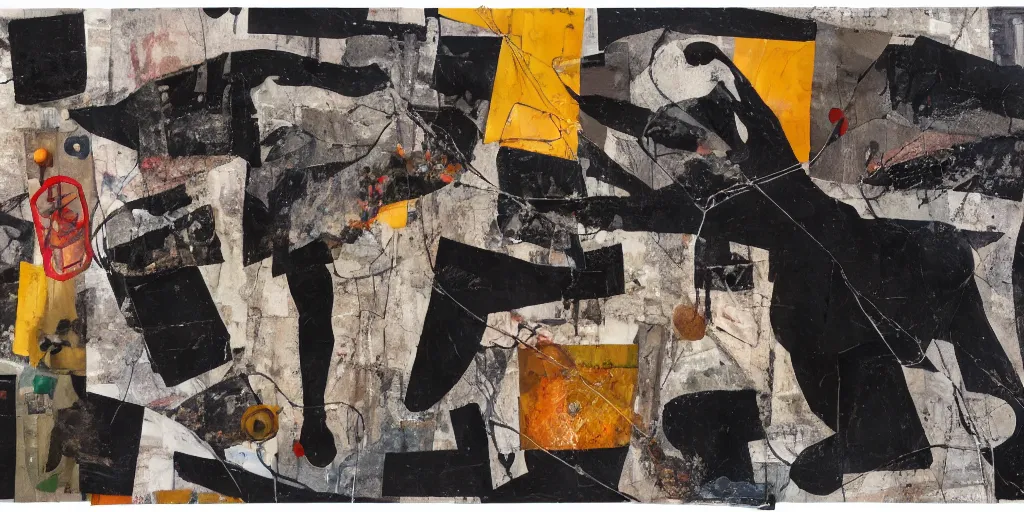 Image similar to mad dog on a chain, collage, sweeping paper and acrylic on canvas, minimalism and expressionism movement, breathtaking detailed, by may wilson