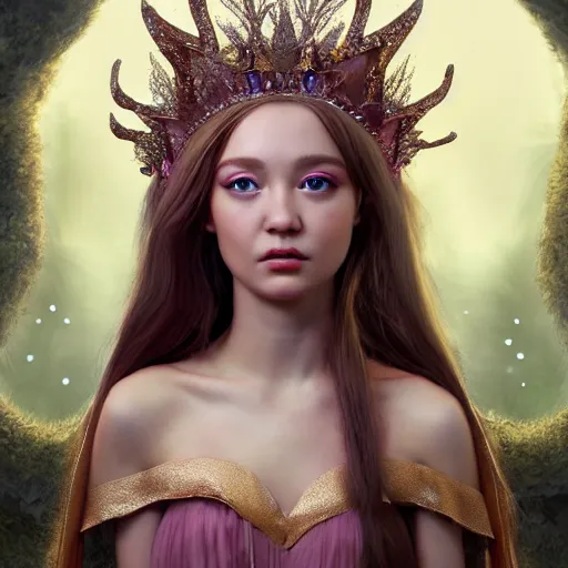 Image similar to hyperrealist cg of a fairy girl emperorit is decorated with long robes that fall like stars and wears a huge crown. fantasy art, photo realistic, dynamic lighting, artstation, poster, volumetric lighting, very detailed faces, 4 k, award winning, blender,