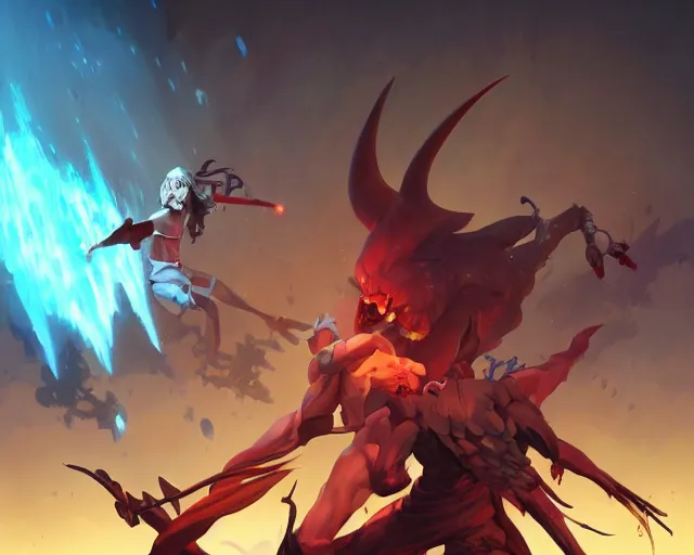 Image similar to devil versus angel, fantasy art video game icon, 2 d game art cover, official fanart behance hd artstation by jesper ejsing, by rhads, makoto shinkai and lois van baarle, ilya kuvshinov, rossdraws