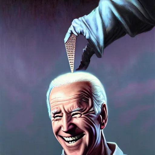 Image similar to epic Joe Biden eats waffle cone ice cream in pandemonium, demons and souls, portrait, art by Wayne Barlowe, oil on canvas