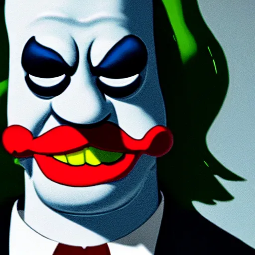 Prompt: film still of Homer Simpson as joker in the new Joker movie