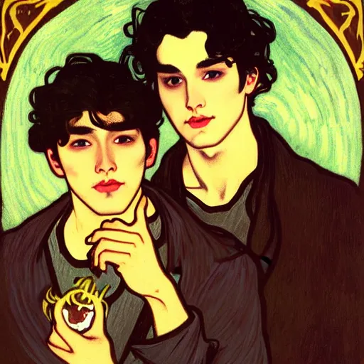 Image similar to painting of young cute handsome beautiful dark medium wavy hair man in his 2 0 s named shadow taehyung and cute handsome beautiful min - jun together at the halloween party, bubbling cauldron, candles, smoke, tarot, autumn colors, elegant, stylized, soft facial features, delicate facial features, art by alphonse mucha, vincent van gogh, egon schiele