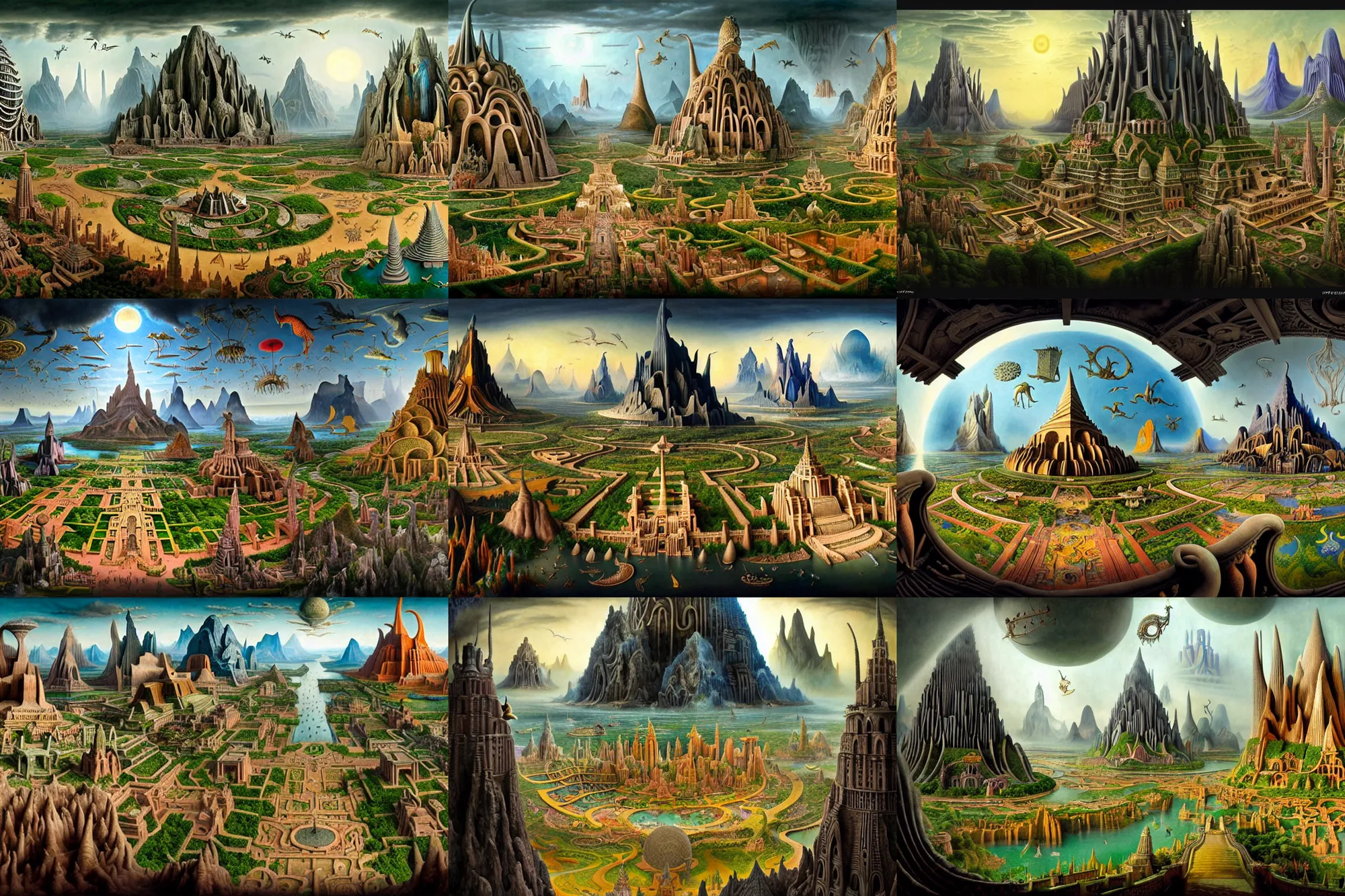 Prompt: a fantastic insanely detailed matte painting of The City of the Gods with surreal architecture designed by Heironymous Bosch, mega structures inspired by Heironymous Bosch's Garden of Earthly Delights, glorious, colorful, whimsical!!!, masterpiece!!, grand!, imaginative!!!, intricate details, sense of awe, Jim Burns, Noah Bradley, Tyler Edlin, vivid and vibrant