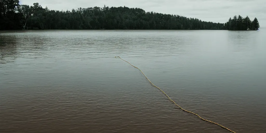 Prompt: centered photograph of a single line of big brown \ long rope floating on the surface stretching out to the center of the lake, a dark lake sandy shore on a cloudy day, color film, trees in the background, hyper - detailed kodak color film photo, anamorphic lens