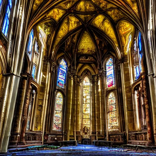 Prompt: a stunning HDR photograph of the interior of an abandoned cathedral with sunrays shining through stained glass windows, low angle, award winning photograph, ultra sharp and detailed