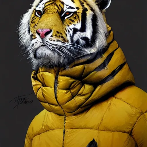 Prompt: a beautfiul award winning aesthetic commission of an antrho albino tiger wearing a yellow-black padded hooded puffer jacket,digital art,art by greg rutkowski,character design by charles bowater,ross tran,photorealistic,detailed face,hyperdetailed,western comic,2021,artstation,deviantart,unreal engine 5