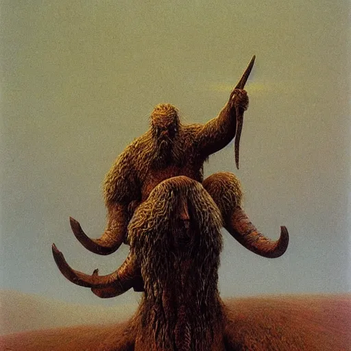 Image similar to ancient norse mammoth rider, wearing norse armor, beksinski