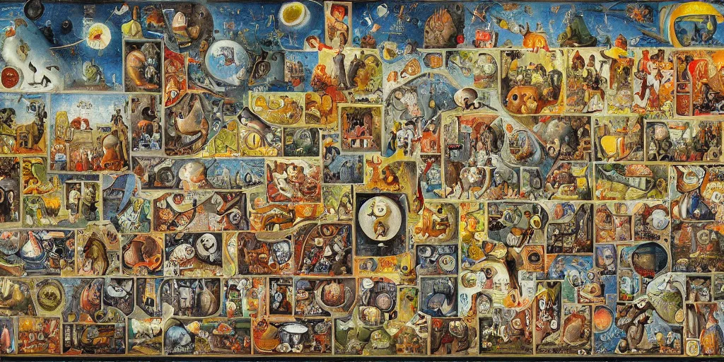 Image similar to periodic table of consciousness in the style of heironymus bosch, intricate colorful masterpiece, hyper detailed, hd