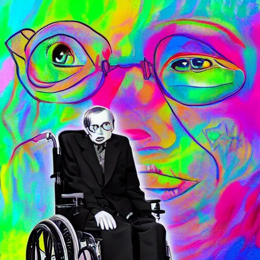 Image similar to A surreal, beautiful painting of Stephen Hawking on Acid, on his wheelchair, floating into the abyss, in the style of Fewocious, hyper realistic, trending on Artstation