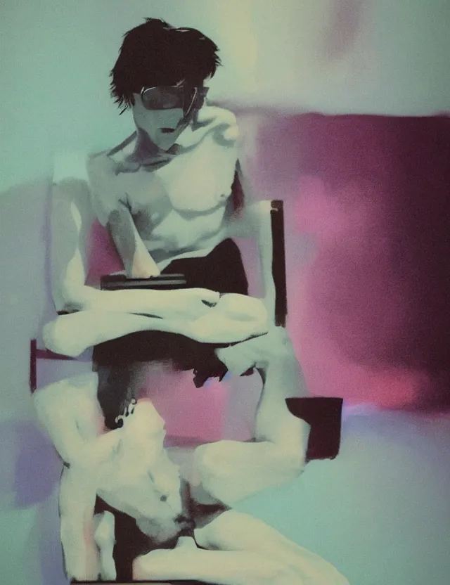 Image similar to boy in dark room sitting on a chair infront of tv, glitch, wide shot, coloured polaroid photograph, pastel, kodak film, hyper real, stunning moody cinematography, by maripol, fallen angels by wong kar - wai, style of suspiria and neon demon, david hockney, detailed, oil on canvas