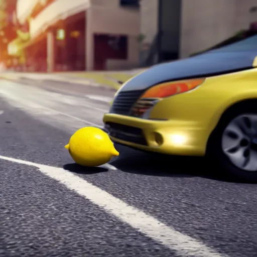 Prompt: A lemon getting run over by a car, Dramatic camera shot, Realistic, Unreal engine 5,