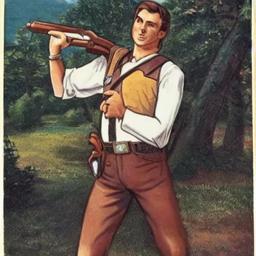 Prompt: an old timey country portrait of nintendo's kirby wearing daisy dukes with a flintlock pistol