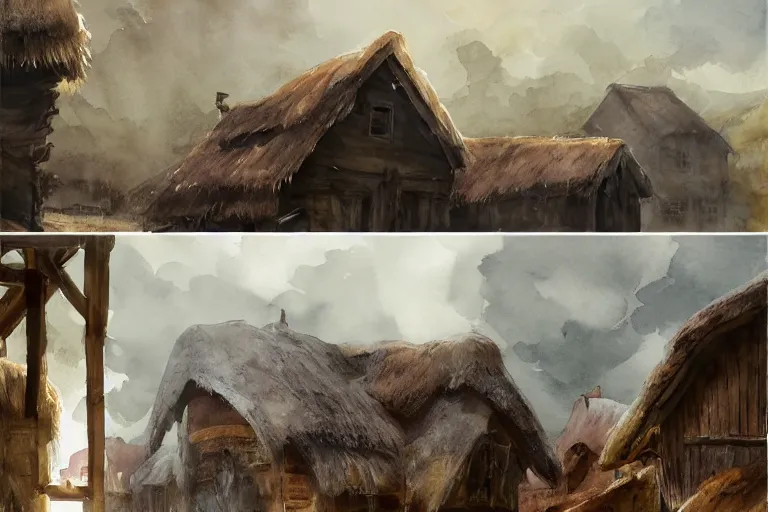 Prompt: paint brush strokes, abstract watercolor painting of rustic village house, interior closeup, medieval straw roof, scandinavian viking age, ambient lighting, art by hans dahl, by jesper ejsing, art by anders zorn, wonderful masterpiece by greg rutkowski, cinematic light, american romanticism by greg manchess, creation by tyler edlin