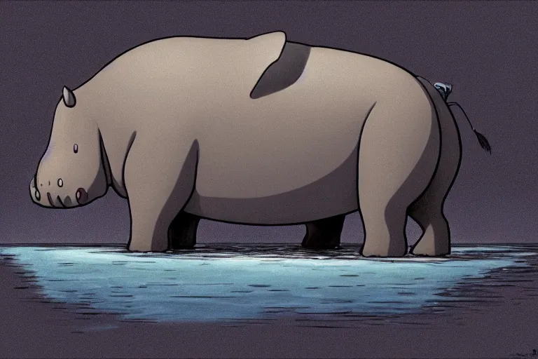 Prompt: a study of a cell shaded cartoon of a grey mechanical hippo from howl's moving castle ( 2 0 0 4 ), in an african river, full body, wide shot, very muted colors, post grunge, studio ghibli, highly detailed, deviantart, art by artgem