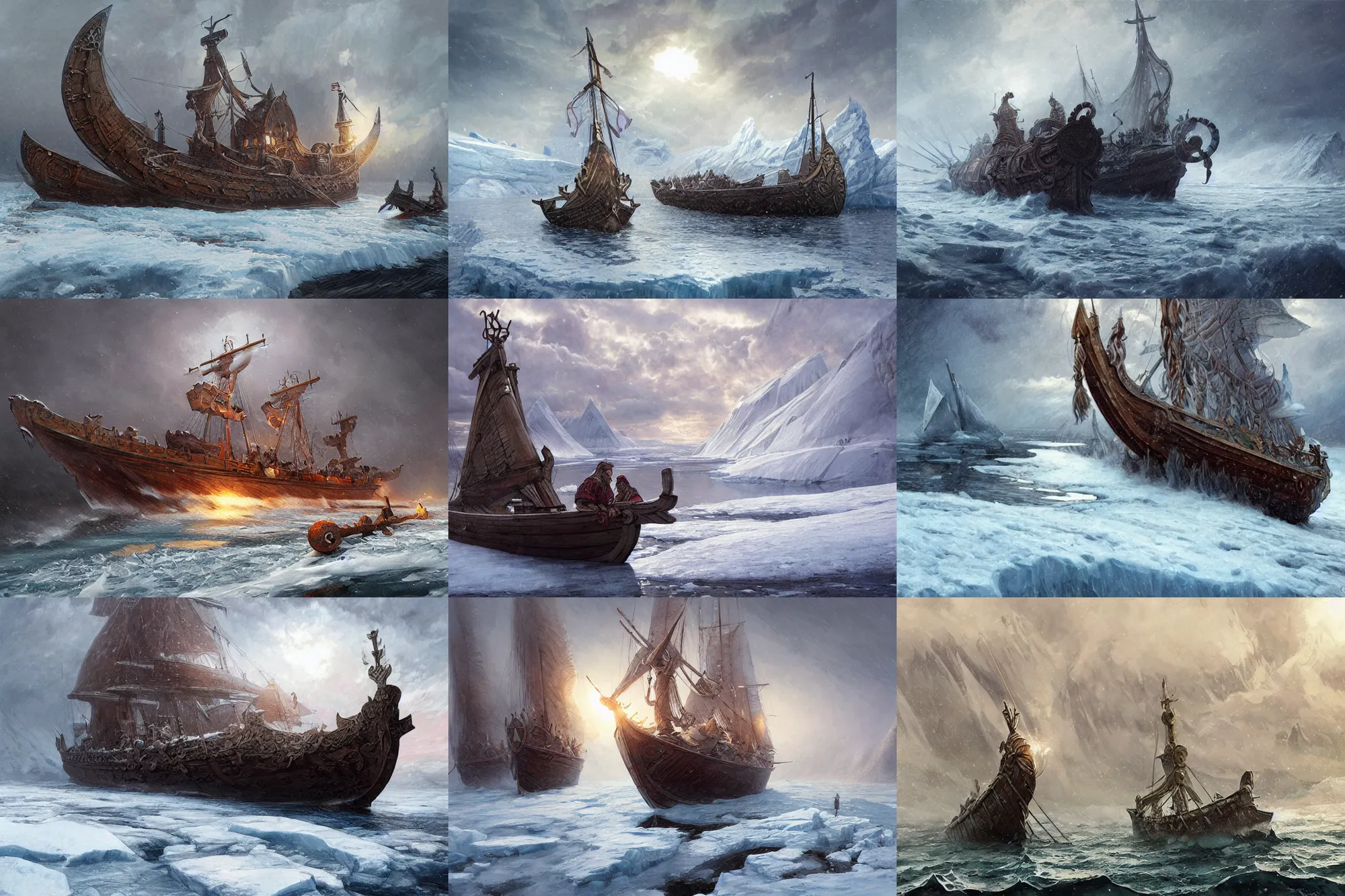 Prompt: viking longship in the arctic ocean, intricate, blizzard, highly detailed, digital painting, concept art, sharp focus, illustration, cold, art by artgerm and greg rutkowski and alphonse mucha