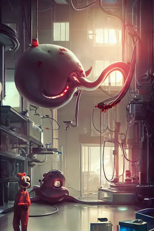 Image similar to mechanics scientist in lab facility looking at bloody mickey mouse head lifted by claw,, made by beeple, cgsociety, artgerm, greg rutkowski, highly detailed intricate 4 k art, low light cinematic, octane render, unreal engine, smooth concept art