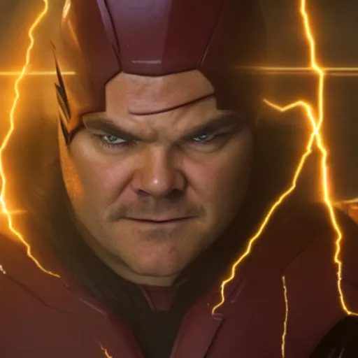 Image similar to film still of jack black playing the flash by zach snyder, epic lighting storm speed force