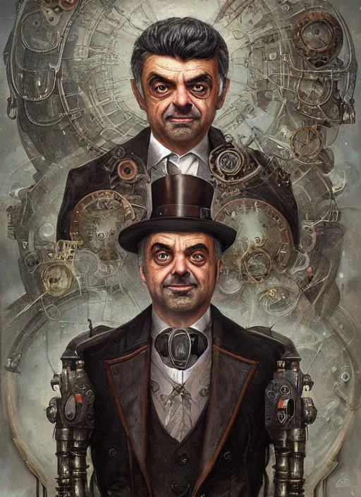 Image similar to steampunk portrait of rowan sebastian atkinson, by tomasz alen kopera and peter mohrbacher