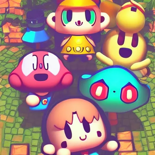 Prompt: Kirby, villager from animal crossing, super smash bros, video game cover, Nintendo switch, high quality, nintendo style, video game