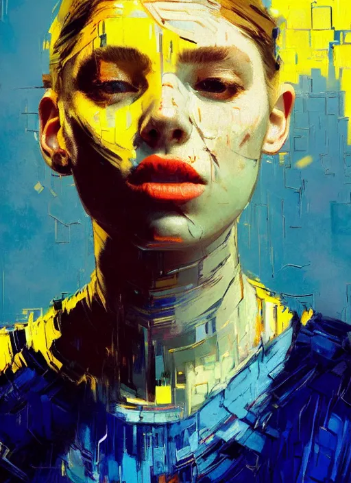 Image similar to portrait of beautiful girl, ecstatic, dancing, eyes closed, shades of blue and light yellow, new york backdrop, beautiful face, rule of thirds, intricate outfit, spotlight, by greg rutkowski, by jeremy mann, by francoise nielly, by van gogh, digital painting