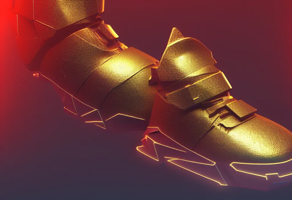 Image similar to realistic 3 d render of a cyberpunk android sneaker, beautiful studio lighting, soft, sharp focus, neon cyberpunk highlights, intricate detail, gold and red metal, soft rubber, textured plastic, octane render, side view, close up, trending on artstation, deviantart, bauhaus