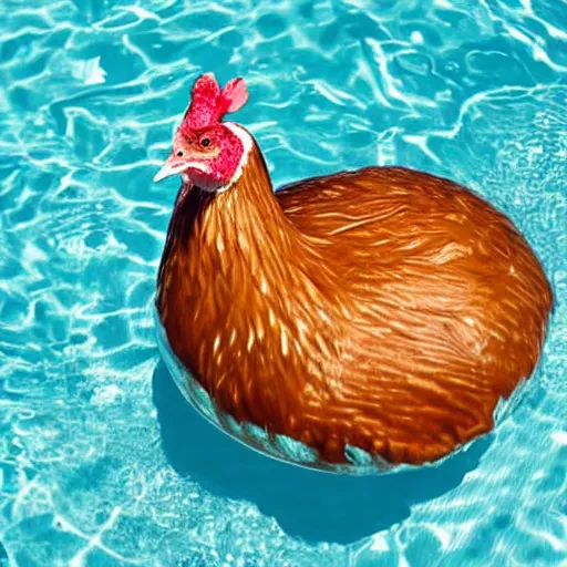 Prompt: a hen floating in water with a pool floatie