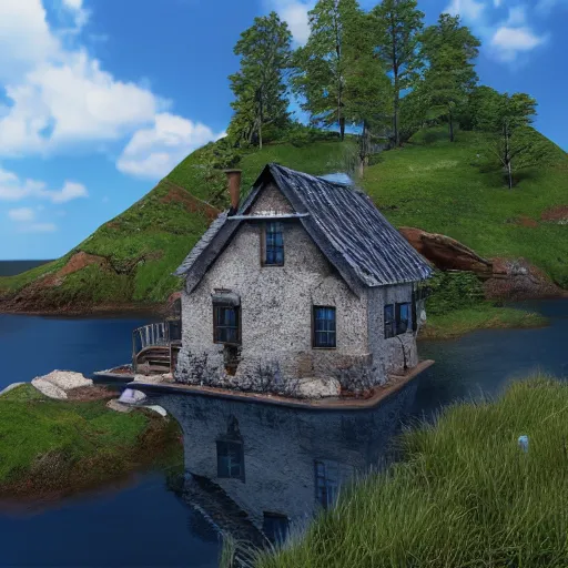 Image similar to house on the island rock, unreal engine, high detail, realism, award winning, detailed lighting