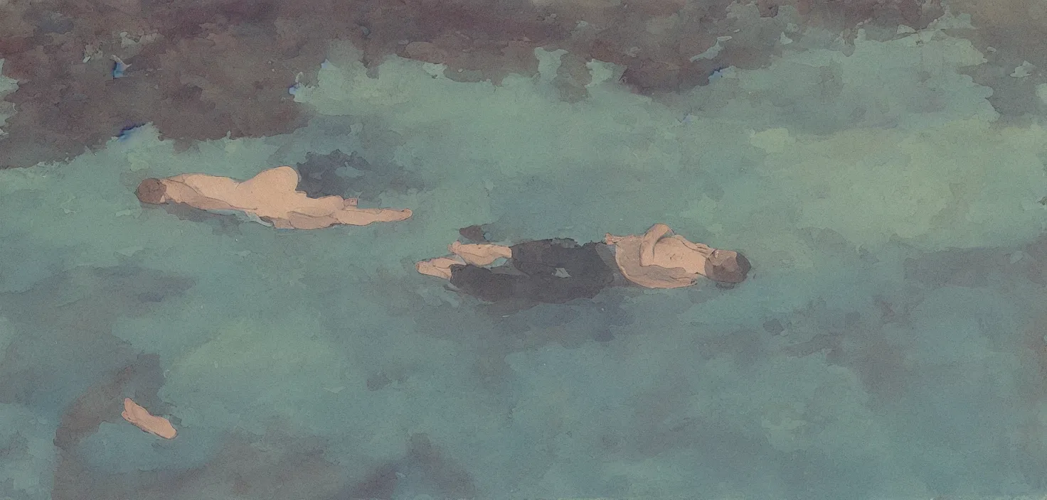 Image similar to painting of a sleeping man in the middle of a fairy tale lake, abstracted observed, minimal indication, thick outlines, contented peaceful, medium saturation with trichromatic similar hues