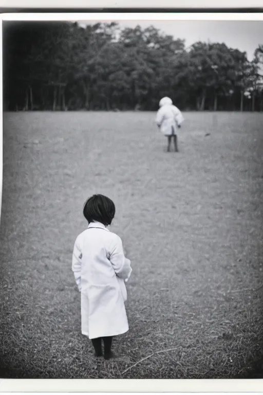 Image similar to photo polaroid of a sad and lonely child in a white coat and barefoot stands in the middle many big tents of field hospitals, pandemic, covid, loneliness, black and white ,photorealistic, 35mm film,