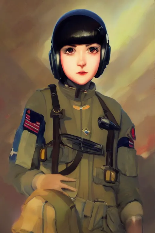 Prompt: a portrait of a cute young female bomber pilot with black bob cut hair, WW2 setting, vivid colors, soft lighting, atmospheric, cinematic, moody, in the style of Ilya Kuvshinov and Range Murata, Krenz Cushart, oil on canvas, 8k