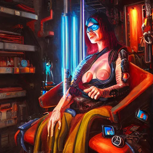 Prompt: cyberpunk sorcerer in her lair, hyper - detailed, oil painting, 8 k,