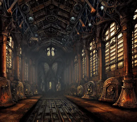 Image similar to steam necropolis, memento mori, gothic, neo - gothic, art nouveau, hyperdetailed copper patina medieval icon, stefan morrell, philippe druillet, ralph mcquarrie, concept art, steampunk, unreal engine, detailed intricate environment, octane render, moody atmospherics, volumetric lighting, ultrasharp, ominous, otherworldly