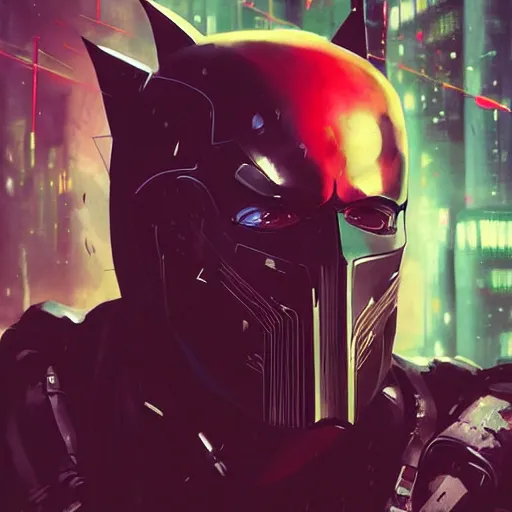 Prompt: cyberpunk batman with fullface mask, red bat, full shot, moody, futuristic, city background, brush strokes, oil painting, greg rutkowski