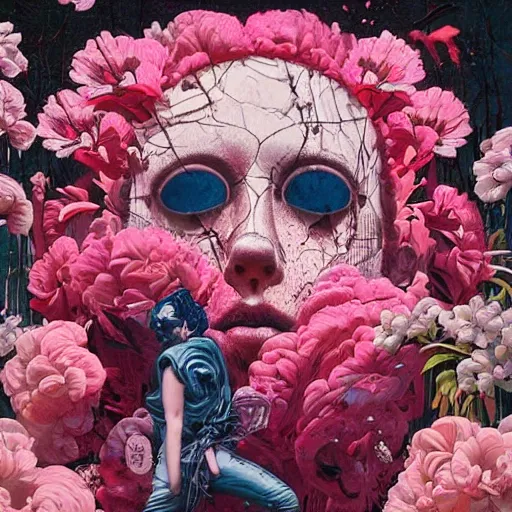 Image similar to Tristan Eaton & Greg Rutkowski, award winning masterpiece with incredible details, Zhang Kechun, a surreal vaporwave vaporwave vaporwave vaporwave vaporwave painting by Thomas Cole of an old pink mannequin head with flowers growing out, sinking underwater, highly detailed