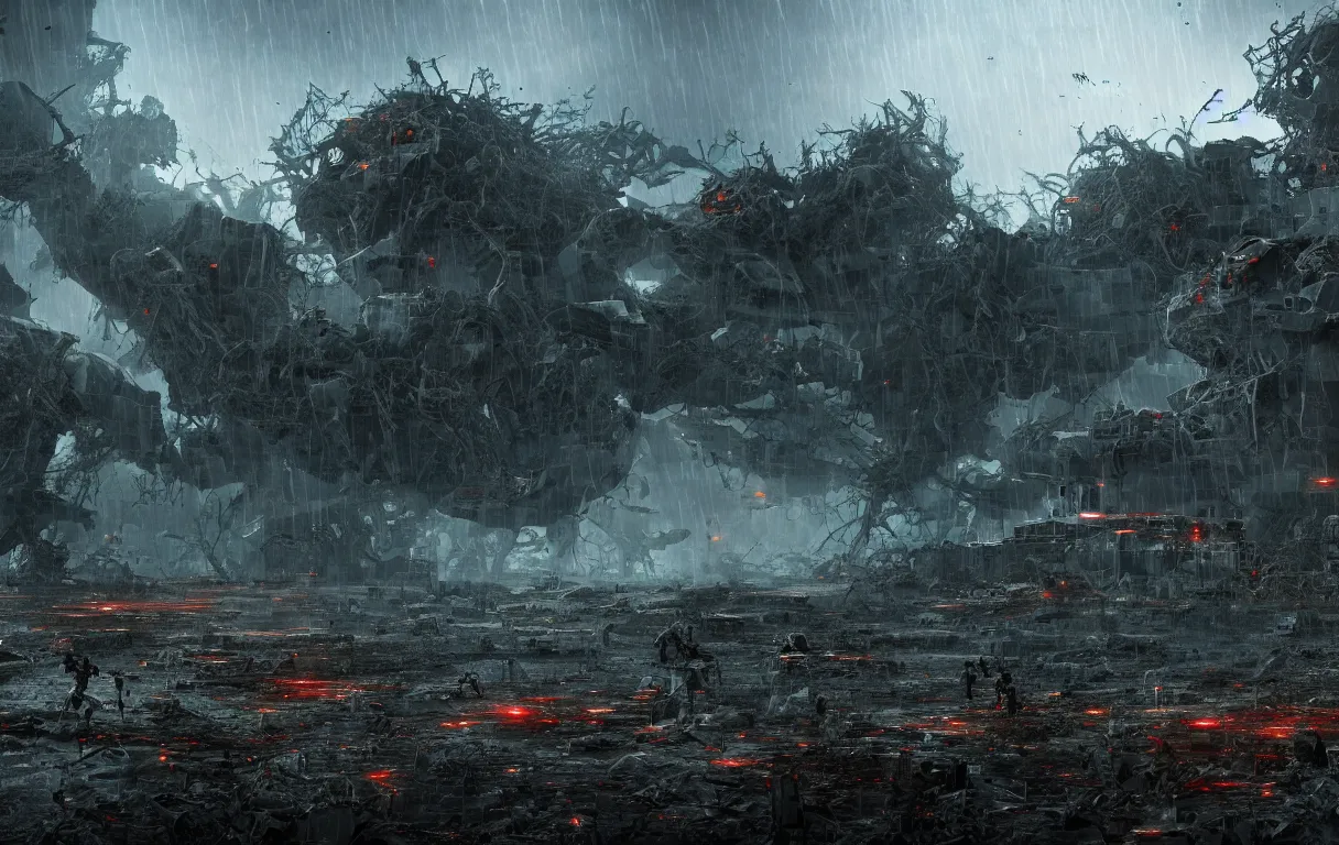 Prompt: view on wide battleground destructed landscape, with army of monstrous insects fighting futuristic human army, night, heavy rain, reflections, raytracing, raymarching, scattering, subsurface shading, vfx by weta digital, ilm and digital domain