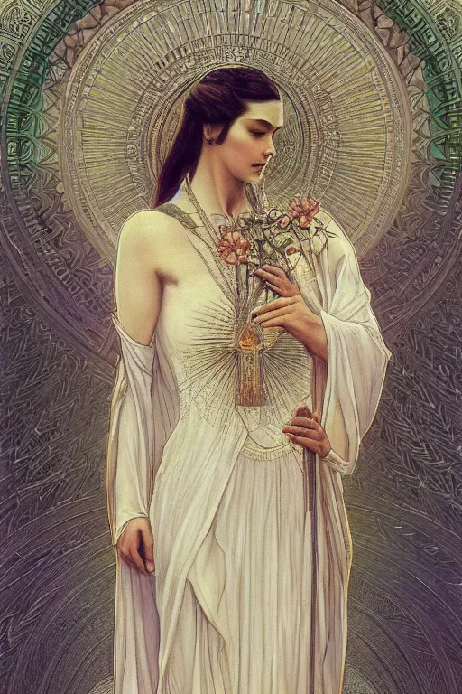 Image similar to a full body portrait of a beautiful ethereal delicate sumerian mage queen meditative sacral pose catholic stages of the cross, intricate, elegant, highly detailed, digital painting, artstation, concept art, smooth, sharp focus, illustration, art by krenz cushart and artem demura and alphonse mucha