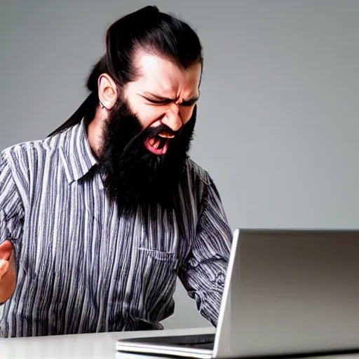 Prompt: Programmer screaming at the computer, male, ponytail and beard, realistic photo