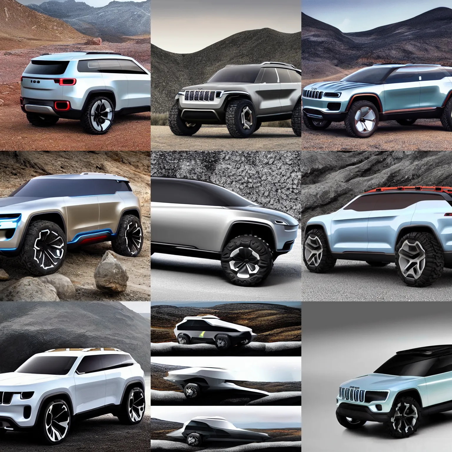Prompt: future exploratory jeep concept suv, clean, tough, simple, electric, car design : : inspired by gems and natural slate formations : :