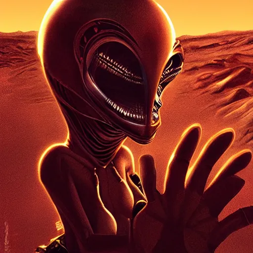 Image similar to alien taking a selfie on mars, dramatic lighting, cinematic, establishing shot, extremly high detail, photorealistic, cinematic lighting, artstation, style by James Gurney