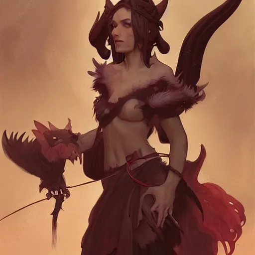 Image similar to cute Whimsical Tiefling Druid with devil tail D&D, fantasy, full body portrait, highly detailed, digital painting, artstation, concept art, sharp focus, illustration, art by greg rutkowski and alphonse mucha